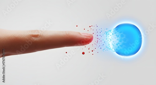 Human Finger Touching a Glowing Blue Sphere Generating Red and Blue Particles
