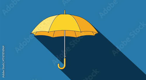 Bright yellow umbrella casting a long shadow on a vibrant blue background