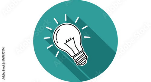 Bright idea concept represented by a glowing light bulb icon with radiating lines and a long shadow.
