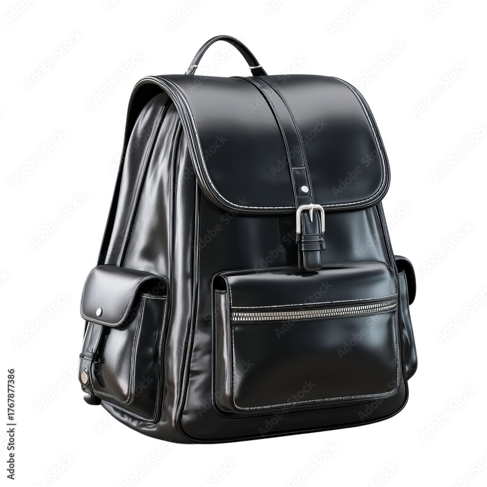 Naklejka premium PNG of Sleek black leather backpack with elegant design and multiple compartments for versatility and style.