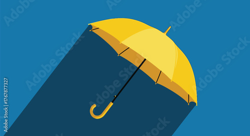 Bright yellow umbrella casts a long shadow against a vibrant blue background, symbolizing protection and optimism.
