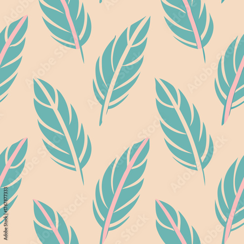 Seamless pattern of stylized feathers in teal and pink on a peach background
