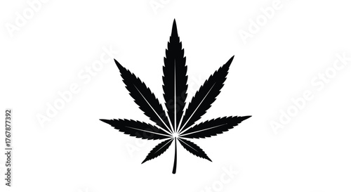 Striking black cannabis leaf silhouette on a clean white background
