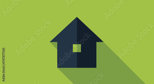 Simple dark blue house icon casts long shadow on bright green background