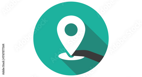 Simple white location pin icon with a long shadow on a teal background