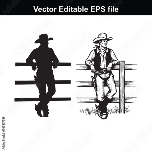 A cowboy leaning on a fence, depicted as both a silhouette and a detailed illustration, with a gun on his hip