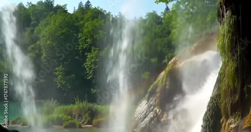 Majestic waterfall cascading over rocks in a lush green forest setting