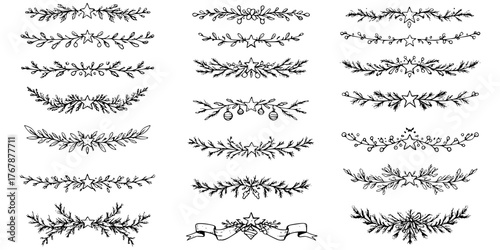 Hand drawn floral compositions in line art style. Elegant frame of flowers, stems and leaves. Trendy botanical elements. Vector illustration