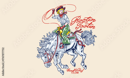 vintage illustration of a cowgirl swinging a lasso on horseback. Retro Rootin Tootin, cowboy and cowgirl bucking bronco rodeo artwork for a t shirt print, poster,sticker