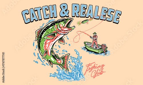 retro illustration of a fisherman catching a large jumping fish. Vintage artwork with Catch and Release slogan for a t shirt print