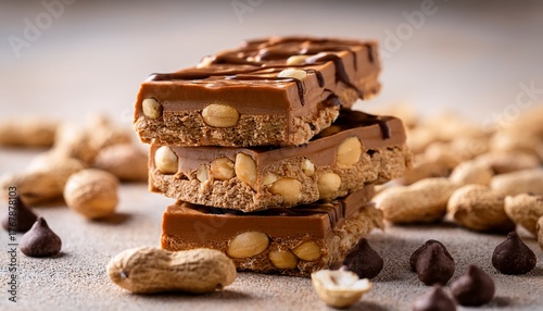 stacked chocolate peanut butter protein bars reveal layered interior with chocolate chips raw peanuts chocolate chips surround bars high protein snack photo delicious dessert close up healthy
