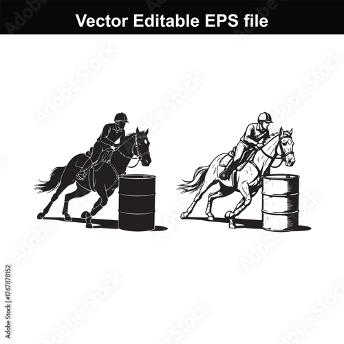 Barrel racing competition with two riders on horses, one in silhouette and one in line art