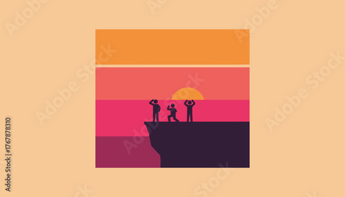 A vibrant sunset casting orange and pink hues over a rugged cliffside with silhouettes of hikers gathering to admire the view.