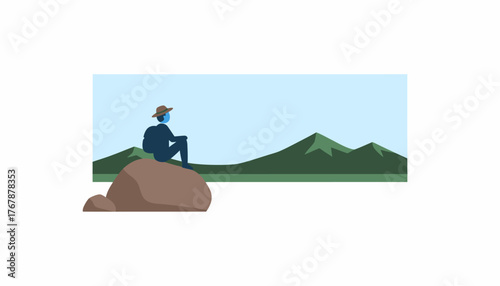 A serene moment of reflection as a hiker sits on a boulder gazing at the horizon and taking in the scenery.