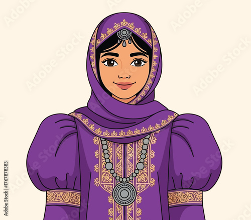 Arabian woman in traditional purple dress with intricate gold patterns jewelry
