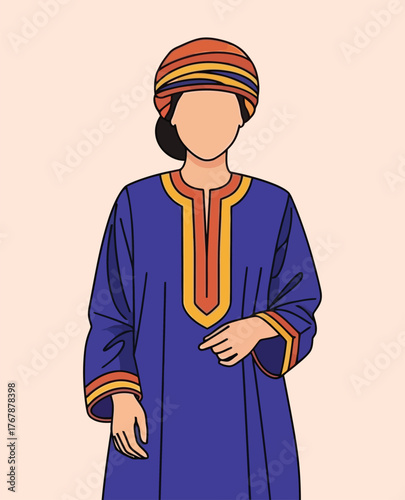 Faceless woman in traditional blue dress and turban intricate gold patterns