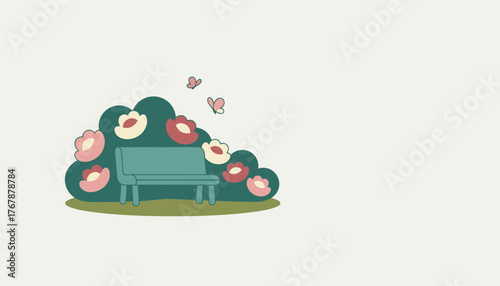 A serene garden corner with a cozy bench nestled a flowering shrubs providing a peaceful retreat for relaxation.