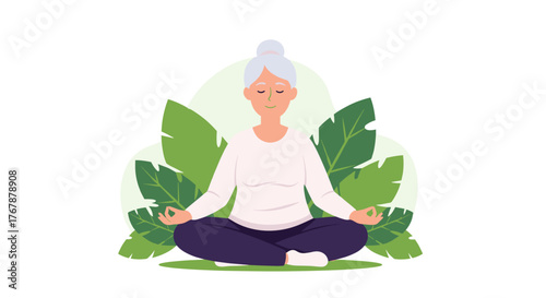 Elderly woman meditating peacefully in a serene natural setting with lush green leaves.