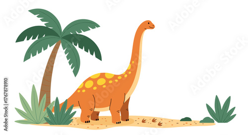 Friendly brachiosaurus stands near a tall palm tree with lush vegetation in a whimsical prehistoric landscape cartoon illustration.