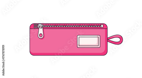 Pink pencil case with zipper and label for personal information, school accessory illustration isolated on a white background.