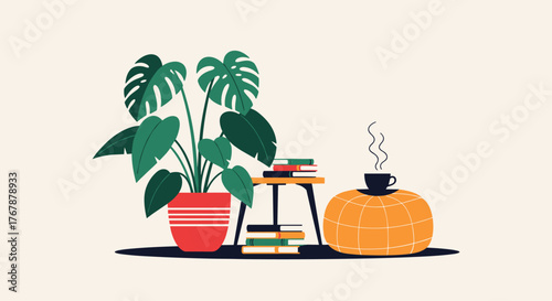 Cozy corner with a potted monstera plant, books, and a steaming cup of coffee.