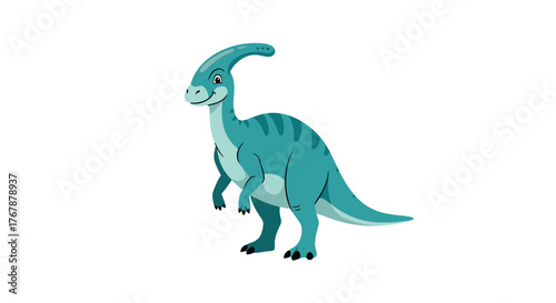 A friendly cartoon Parasaurolophus dinosaur standing and smiling with a white background.