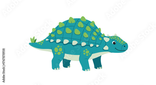Cute cartoon ankylosaurus dinosaur with green spikes and a happy expression.