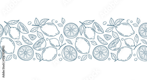 Artistic hand-drawn seamless border pattern with outline lemons, refreshing slices, and leaves, perfect for summer and natural designs.