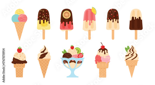 Assortment of vibrant ice cream treats and popsicles, perfect for summer enjoyment and representing various flavors and styles, on a white background, inviting the viewer to indulge.