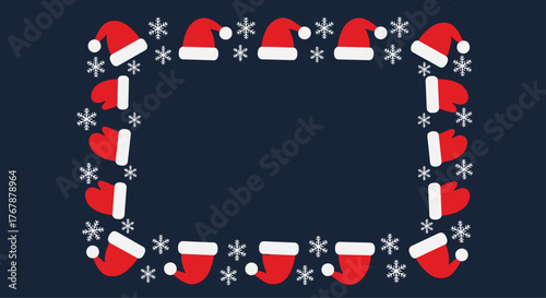 Festive Christmas and winter season themed background with a decorative border of Santa hats, mittens, and snowflakes against a navy blue backdrop.