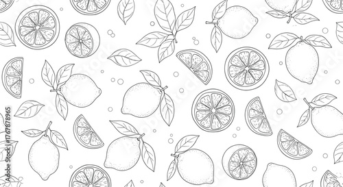 Seamless pattern of hand-drawn lemons and slices with leaves on a white background.