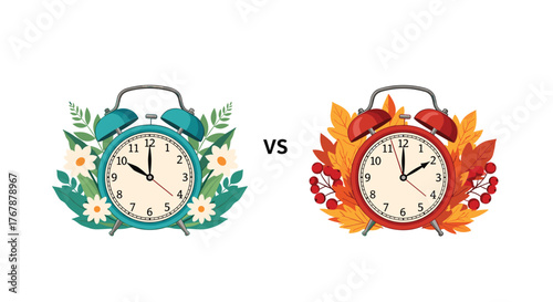 Spring and autumn alarm clocks showing different times, decorated with seasonal flora, symbolizing the annual Daylight Saving Time changes.