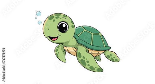 Cute cartoon sea turtle swimming with bubbles, a friendly and adorable marine animal illustration.