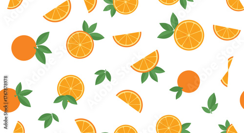 Seamless pattern of various orange slices with green leaves scattered around, creating a cheerful and vibrant citrus fruit design.