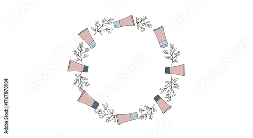 A decorative circular arrangement of cosmetic tubes and floral elements, ideal for beauty or skincare branding and design, on a white background, creating an elegant frame..