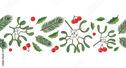 Holiday foliage border features pine branches, mistletoe with white berries, red rowan berries, and leaves to evoke winter festive cheer.