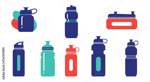 Various water bottle silhouettes featuring different shapes and designs, with a mix of blue, red, and teal colors on a white background.