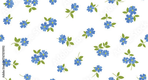 Seamless pattern of delicate blue flowers with green leaves scattered across a white background, creating a fresh and serene floral design.