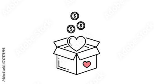 Donation box with a heart and falling coins, symbolizing charity and support for a cause or organization.