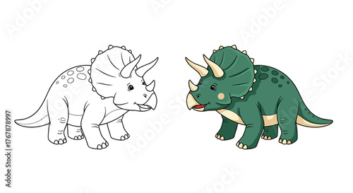 Line art and colored illustration of a triceratops dinosaur side by side on white background.