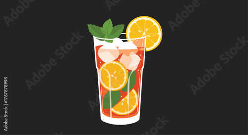 Illustration of a refreshing iced tea drink with orange slices, mint leaves, and ice cubes in a tall glass against a dark gray background.