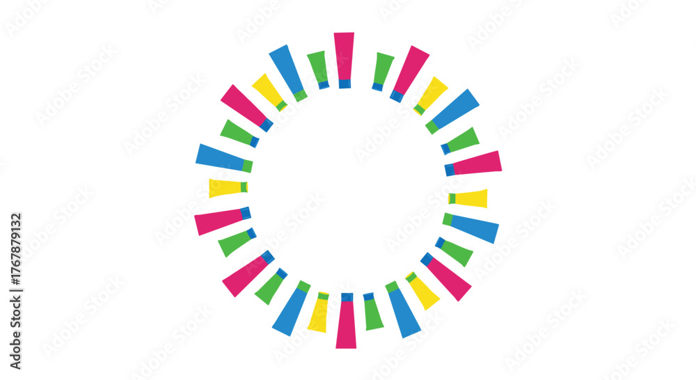 Fototapeta premium Colorful radial pattern of wedge shapes against a white background in a circular design, reminiscent of the Sustainable Development Goals (SDGs) logo.