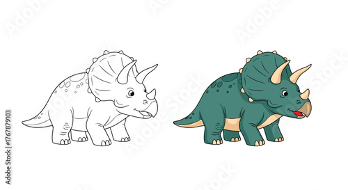Cute cartoon triceratops dinosaur illustration in line art and color, perfect for coloring pages and educational materials, isolated on white background.