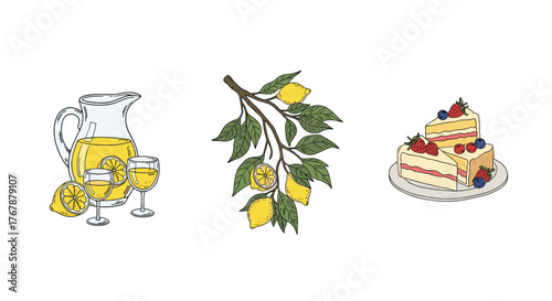 Colorful illustrations of lemonade, a lemon branch, and cake perfect for various design projects and themes about summer treats.