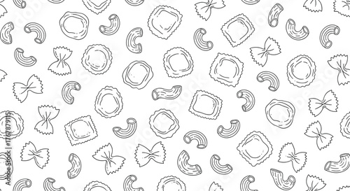 A seamless pattern of various black and white line-drawn pasta shapes on a white background.