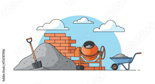 Illustration of a construction site showing a growing brick wall, a pile of sand with a shovel, a cement mixer, and a wheelbarrow filled with mix.