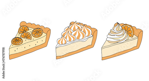 Three slices of orange citrus pie dessert with different toppings displayed in a row against a white background in an illustration style.