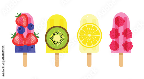 Colorful illustration of various fruit popsicle flavors on a white background, perfect for summer.