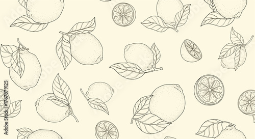 Seamless pattern of hand-drawn lemons and leaves on a light cream background.