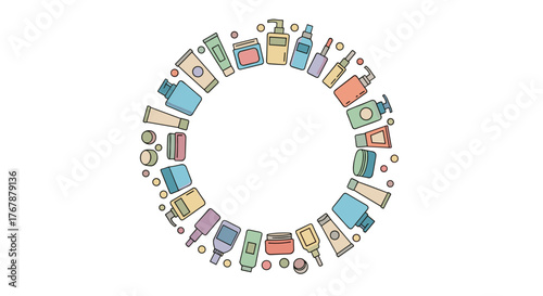 Circular arrangement of various skincare and cosmetic bottles and jars on a white background.